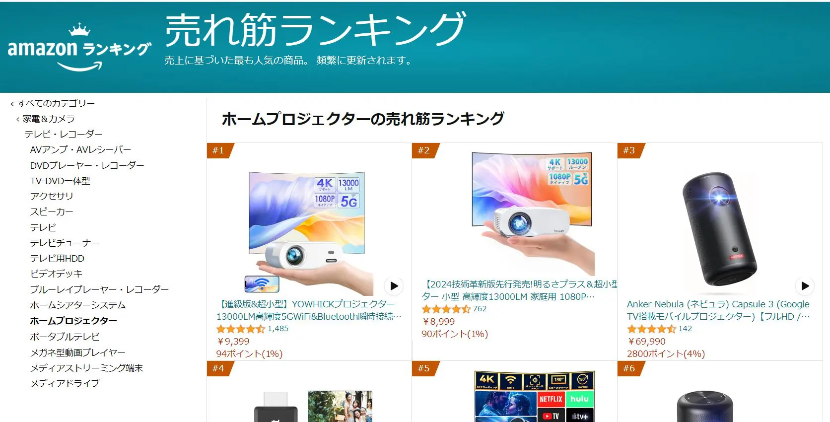 amazon プロジェクター ランキング